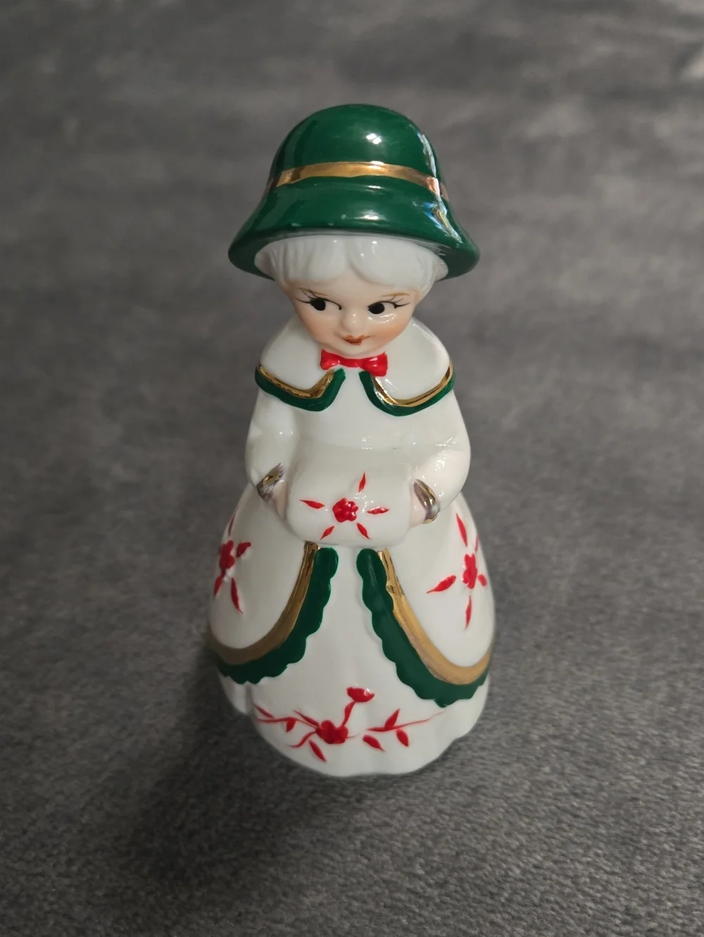 Vintage Christmas Winter Porcelain Lady Bell Green/White/Red